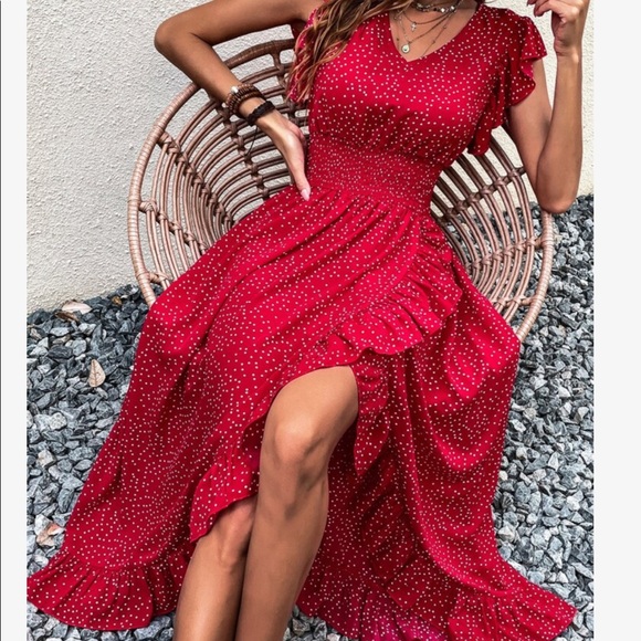 Dresses & Skirts - Boho Plus Size Red Polka Dots Smocked Butterfly Sleeves Maxi Dress